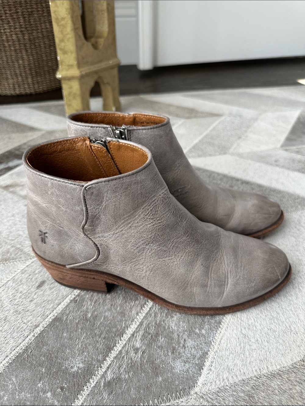 Frye Gray Leather Ankle Booties with Side Zipper